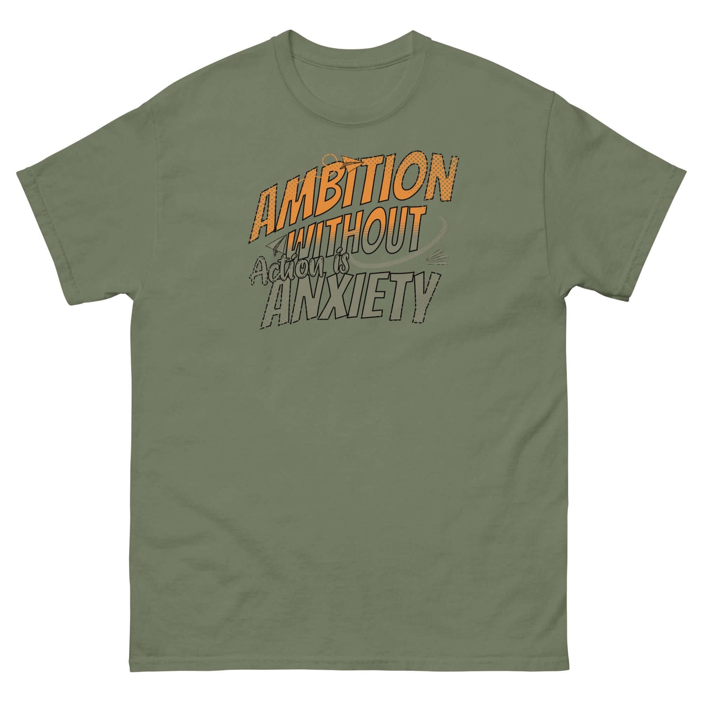 Green 'Ambition Without Anxiety' t-shirt with dynamic typography, symbolizing humor and aspirational mental health.