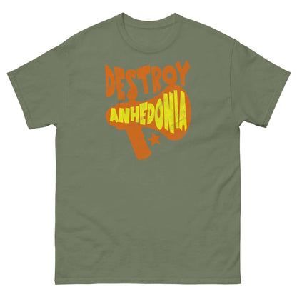 "Destroy Anhedonia T-Shirt" in olive green featuring bold orange and yellow lettering for mental health activism with punk style.