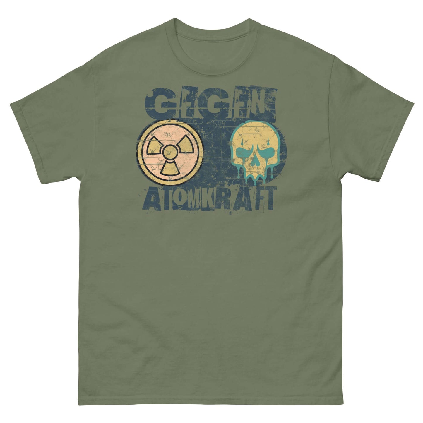 Olive green anti-nuclear power protest t-shirt with radiation symbol and melting skull design, featuring 'GEGEN ATOMKRAFT' text.