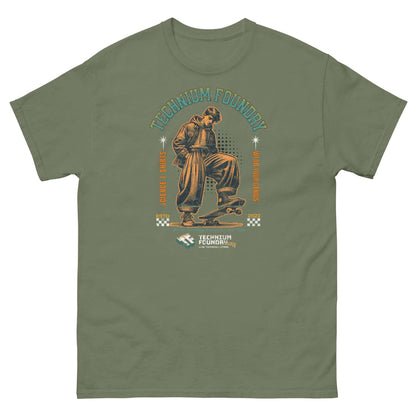 Technium Foundry skater scientist t-shirt featuring vintage physicist on skateboard, merging physics with street style in olive green.