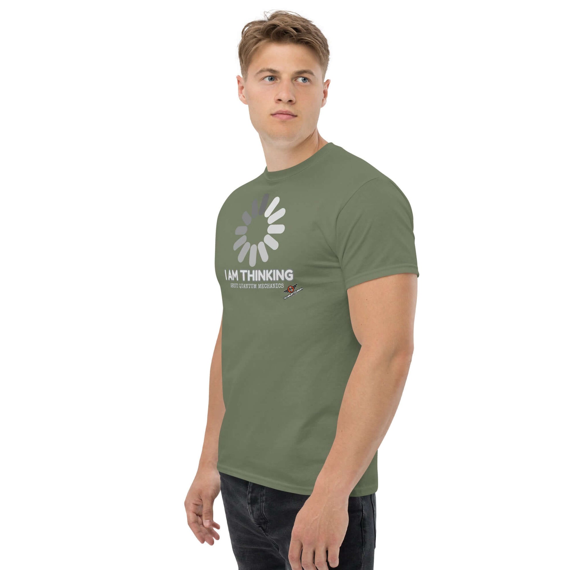 I Am Thinking About Quantum Mechanics Loading Screen T-Shirt | Schrödinger's Buffer Color: Red T-Shirt Size: S Apparel & Accessories Technium Foundry