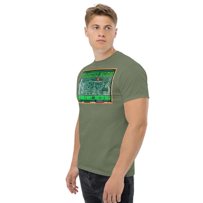 Man wearing "Biologist Mode" t-shirt featuring retro design with DNA helixes and scientific illustrations.