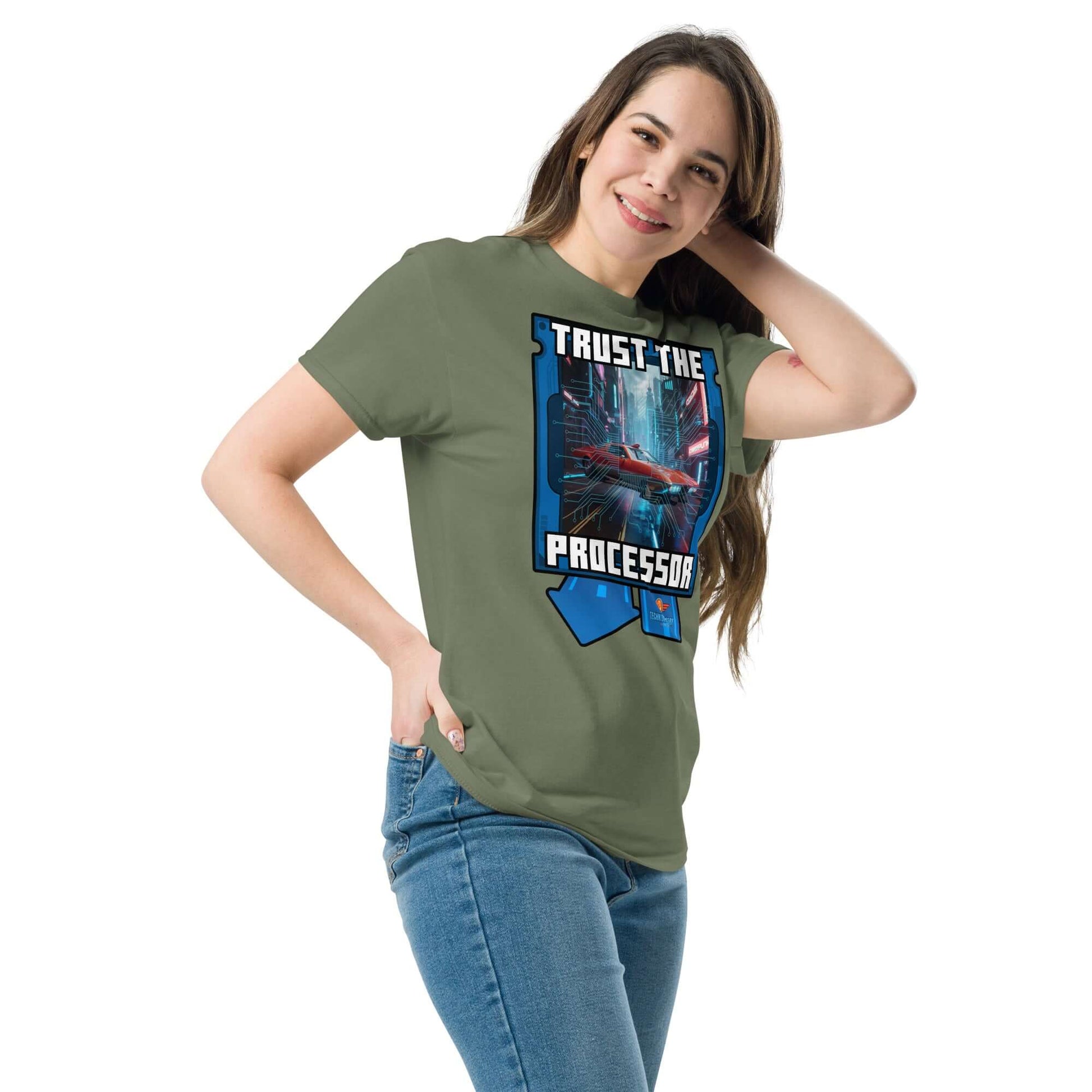 Woman wearing "Trust the Processor" T-shirt, part of the Science & Tech Apparel Collection by Technium Foundry.