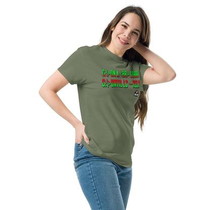 Woman wearing a green T-shirt with quirky code text design, perfect for developers who appreciate tech humor and Linux challenges.