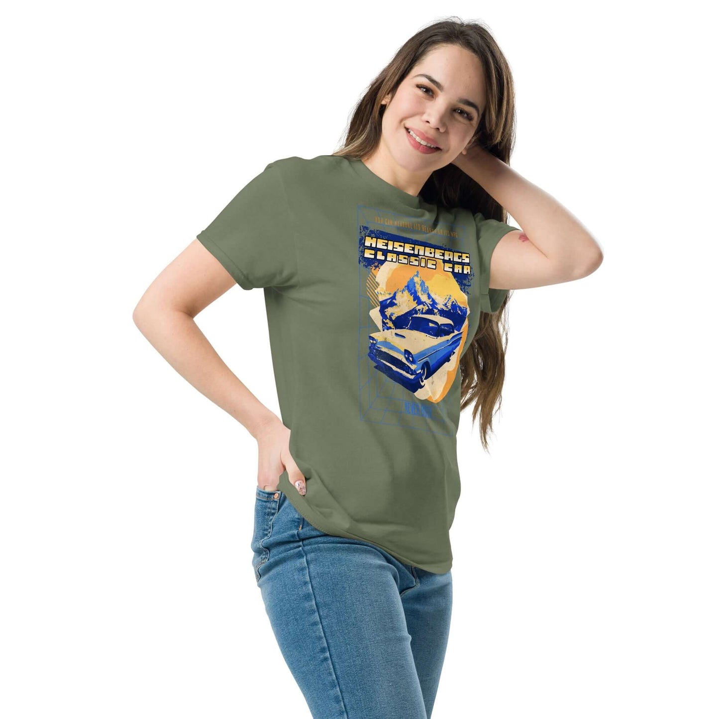 Woman wearing Heisenberg's Classic Car T-Shirt with '58 Impala design, blending quantum mechanics and retro style.