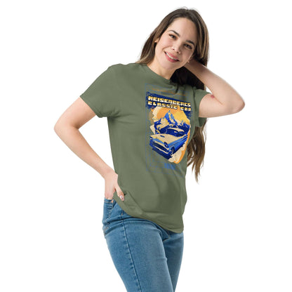 Woman wearing Heisenberg's Classic Car T-Shirt with '58 Impala design, blending quantum mechanics and retro style.