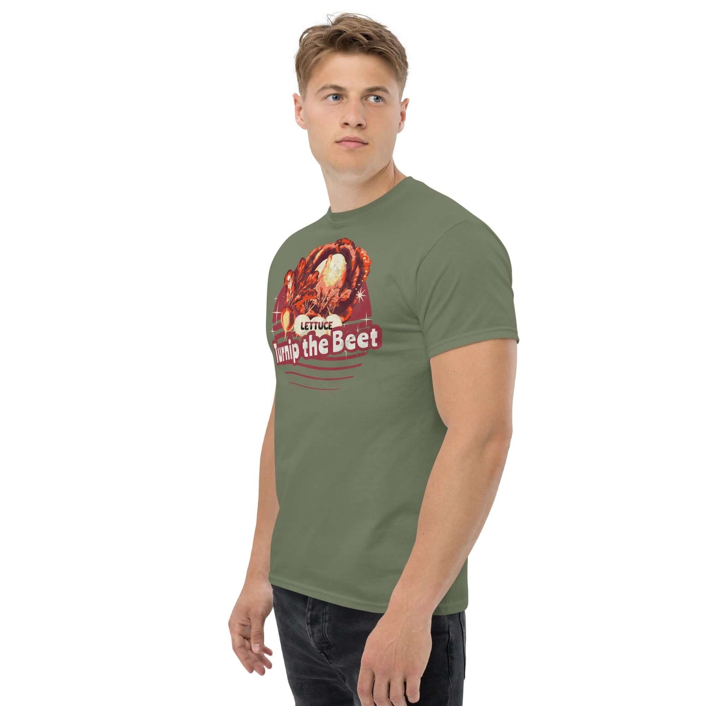 Model wearing 'Lettuce Turnip the Beet' T-shirt with veggie pun design, green color, vintage-style illustration.