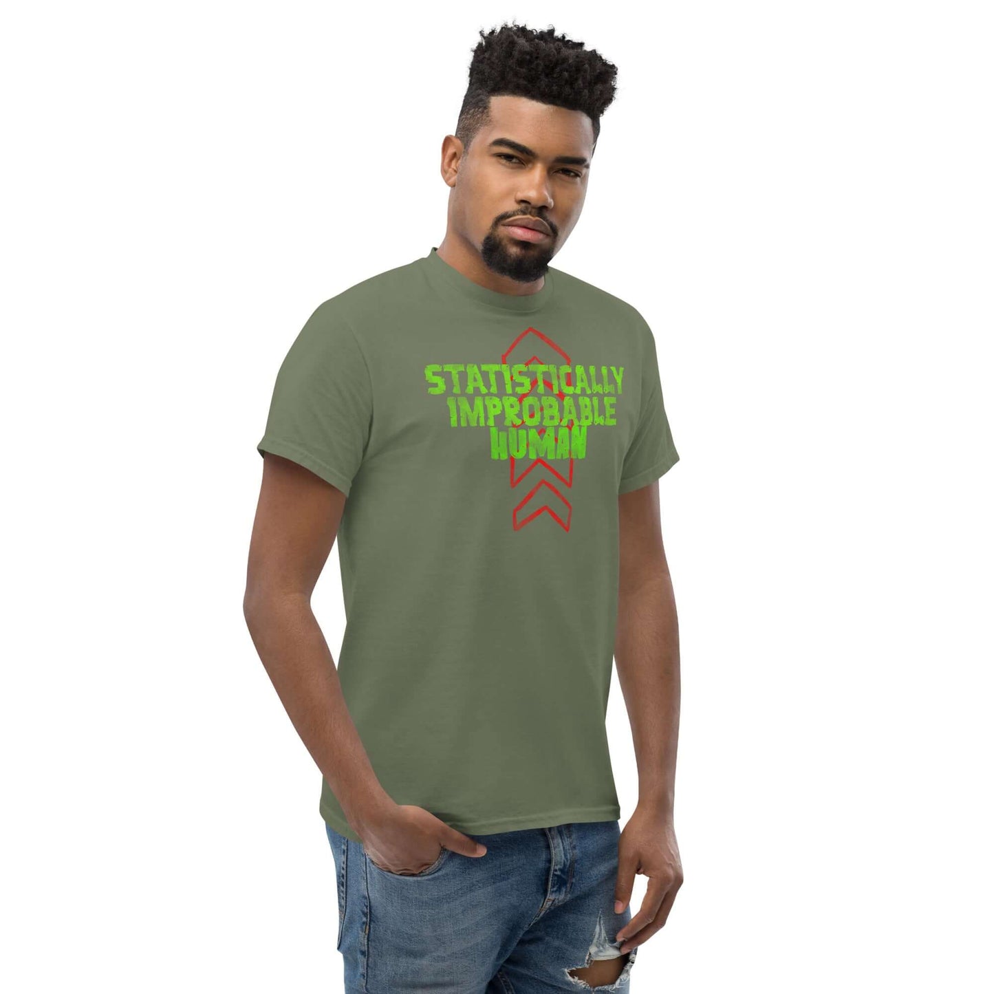 "Statistically Improbable Human T-Shirt with green text and red arrows on model, science math geek tee"