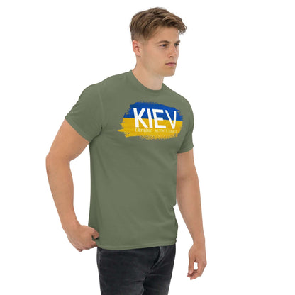 Man wearing Kiev City Pride T-Shirt featuring blue and yellow Ukrainian flag design, celebrating Ukraine's capital.