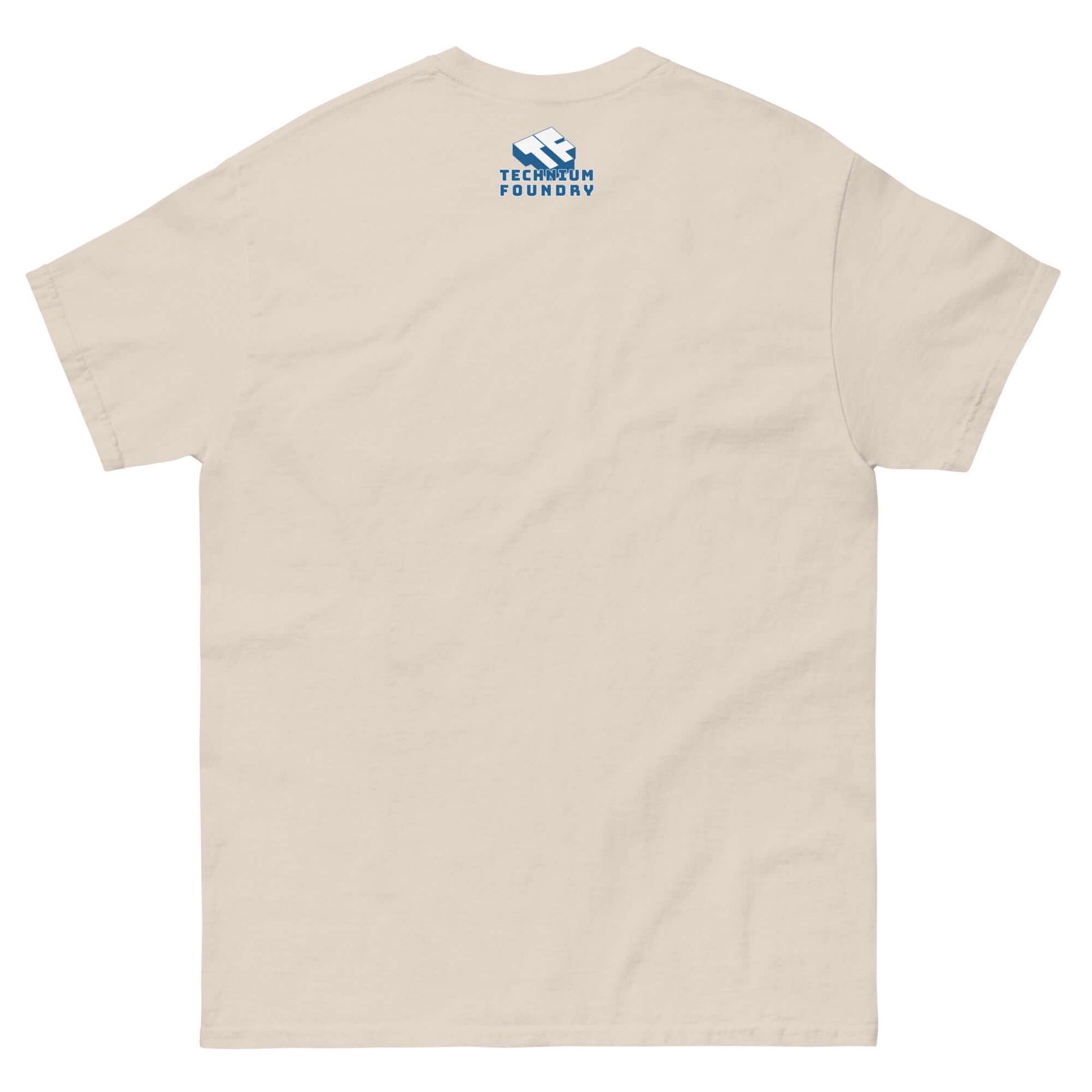 Back view of Computronium Programmable Matter T-Shirt with minimalist logo design, beige color, ideal for theoretical physics enthusiasts.