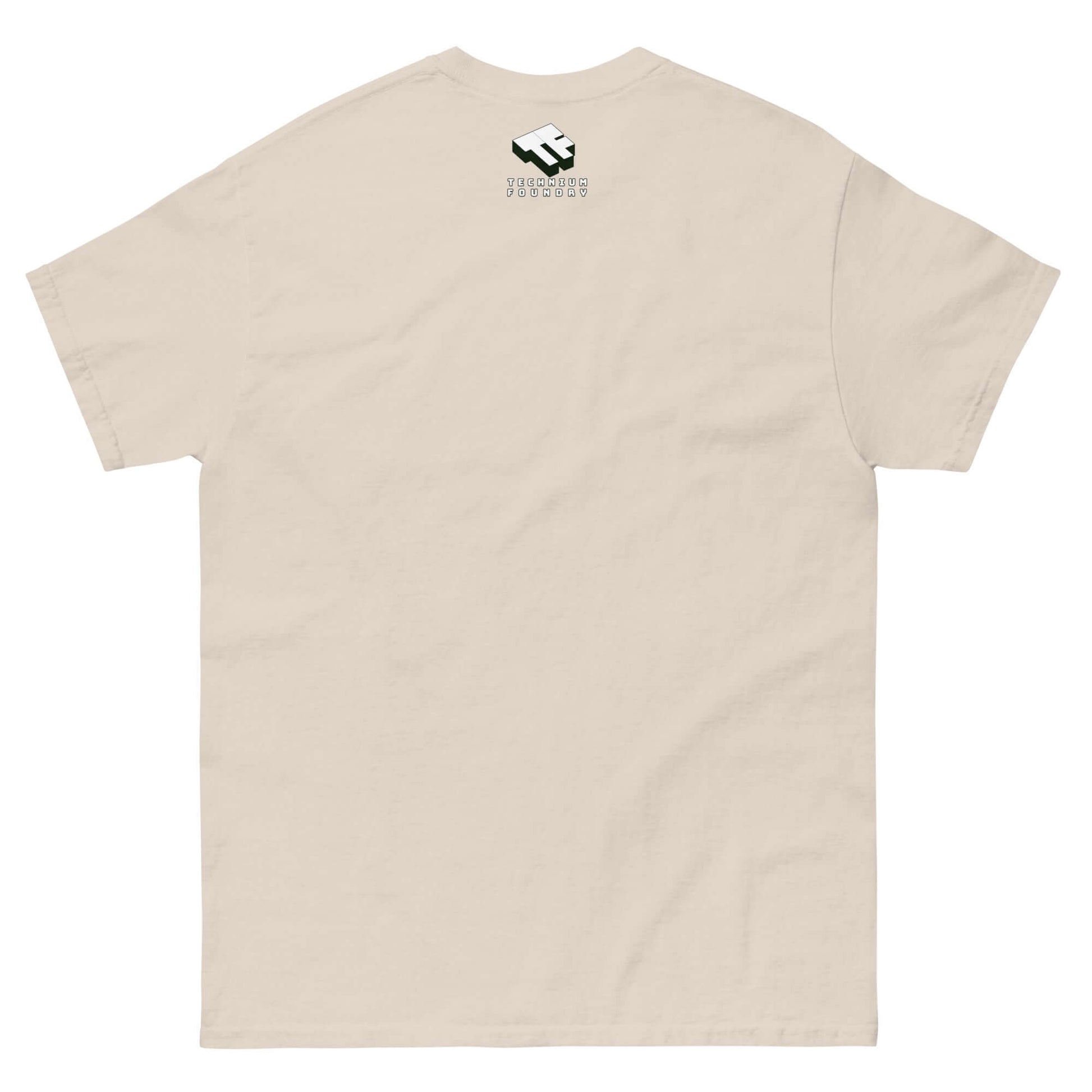 Back view of Technium Foundry Skater Scientist T-Shirt in beige, featuring small logo near neckline. Vintage style streetwear.