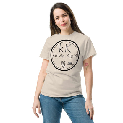 Kelvin Klein Temperature Scale Fashion Parody T-Shirt | Scientific Humor Apparel Color: Black T-Shirt Size: S Apparel & Accessories Technium Foundry