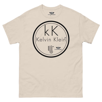 Kelvin Klein Temperature Scale Fashion Parody T-Shirt | Scientific Humor Apparel Color: Natural T-Shirt Size: S Apparel & Accessories Technium Foundry