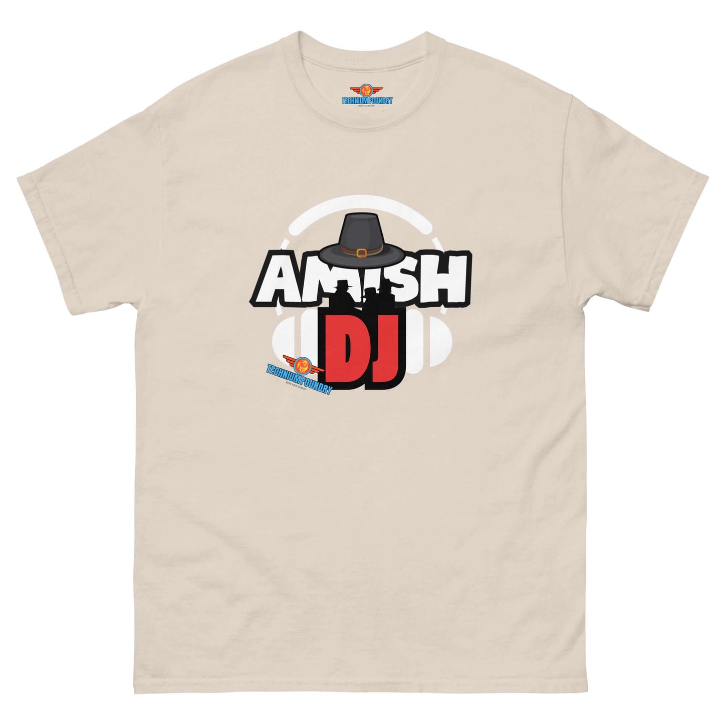 Cream "Amish DJ" Tee with DJ hat graphic, part of Science & Tech Apparel Collection by Technium Foundry.