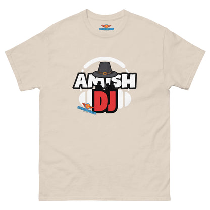 Cream "Amish DJ" Tee with DJ hat graphic, part of Science & Tech Apparel Collection by Technium Foundry.