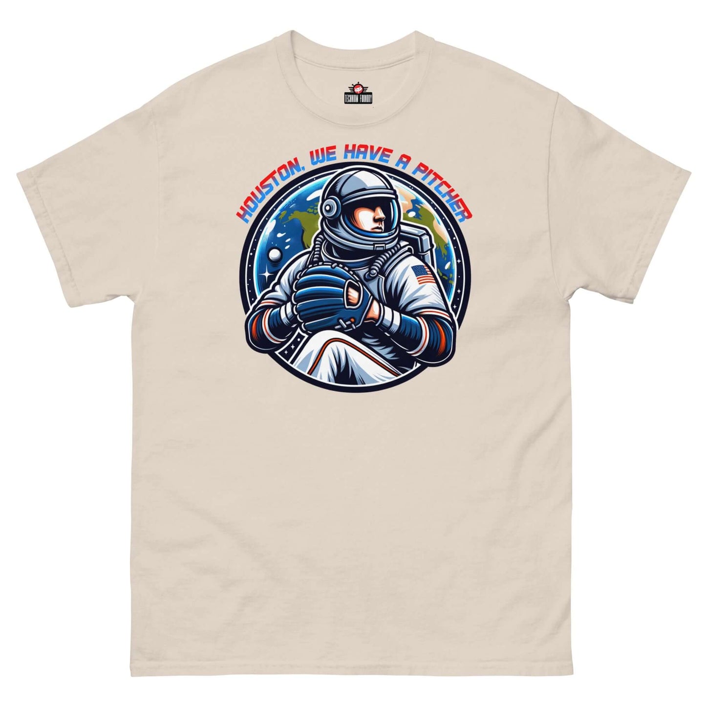 T-shirt featuring astronaut pitcher design with "Houston, We Have A Pitcher" text, blending space and baseball themes.