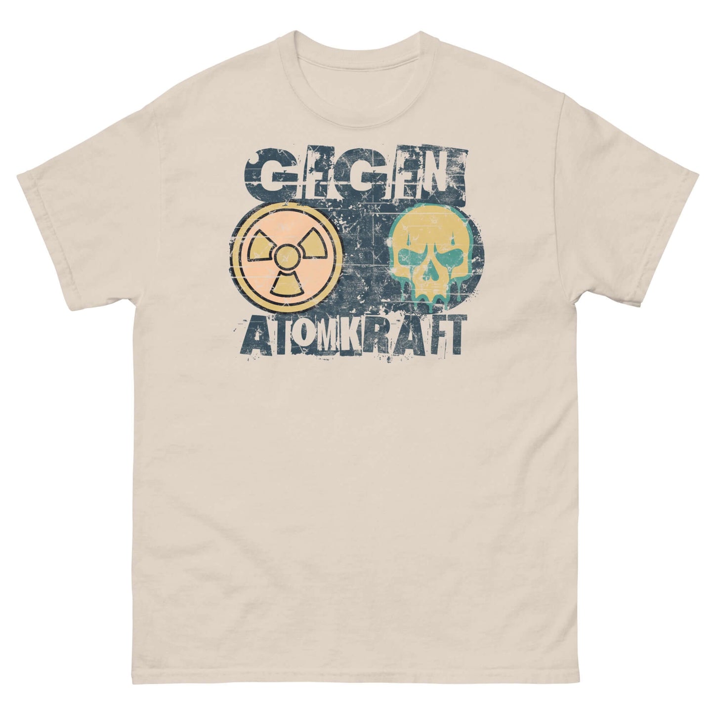 GEGEN ATOMKRAFT protest t-shirt with radiation symbol and melting skull design. Anti-nuclear power, statement apparel.