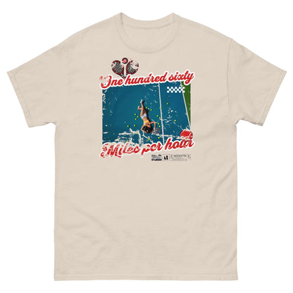 Vintage tennis exhaustion t-shirt featuring 'One Hundred Sixty Miles Per Hour' with player collapsed on the court design.