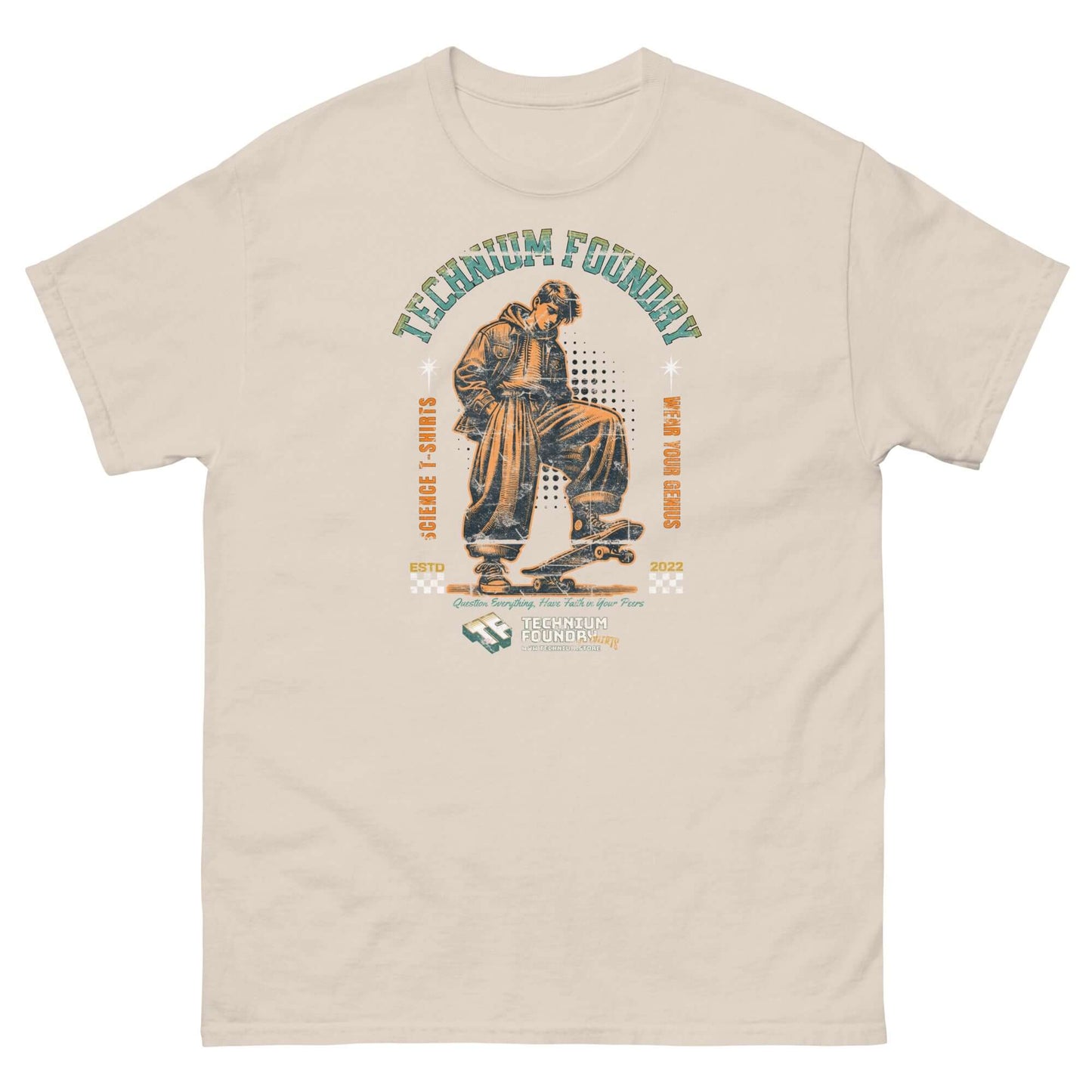 Alt Tag: Technium Foundry Skater Scientist T-Shirt featuring vintage physicist on skateboard, blending physics with street style.