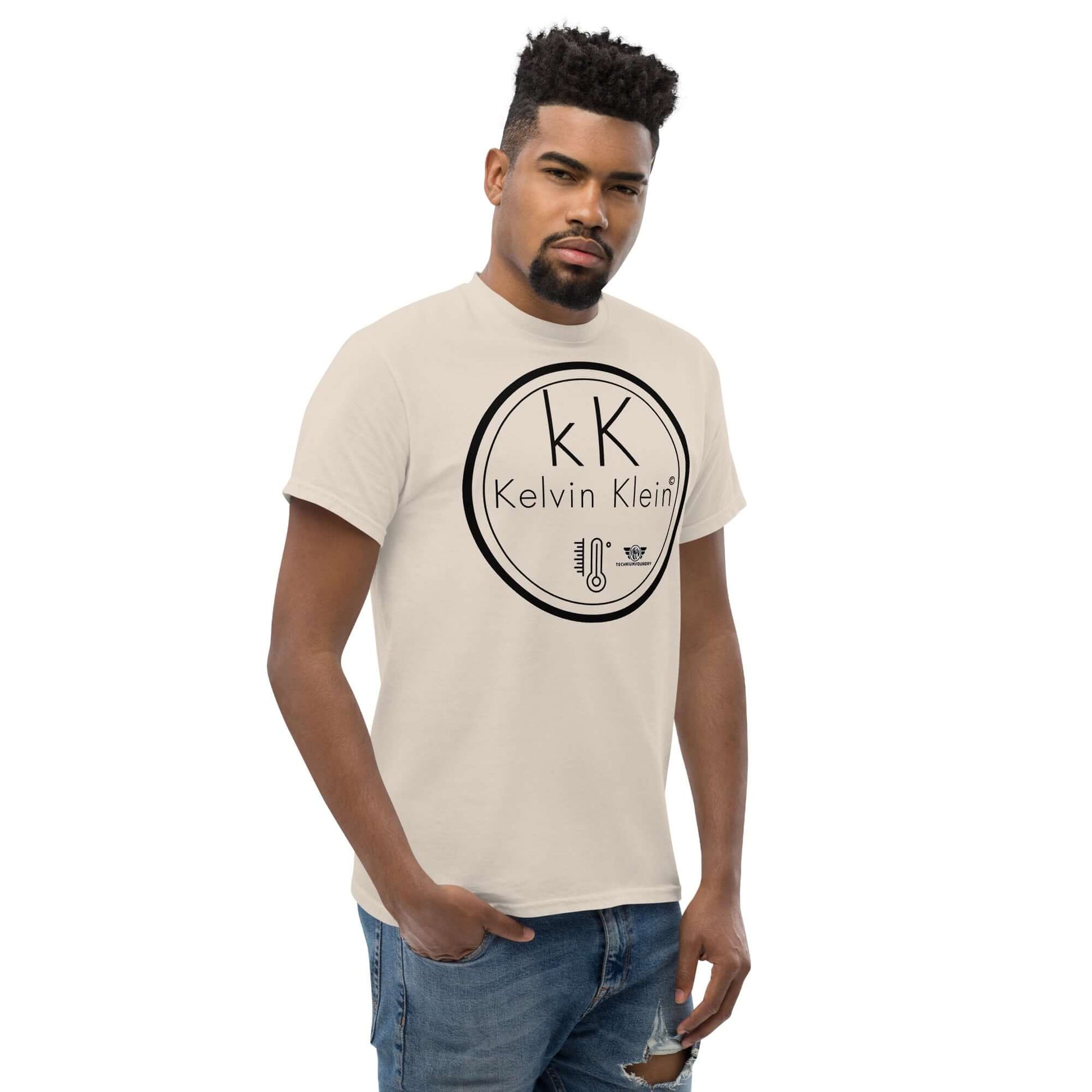 Kelvin Klein Temperature Scale Fashion Parody T-Shirt | Scientific Humor Apparel Color: Black T-Shirt Size: S Apparel & Accessories Technium Foundry