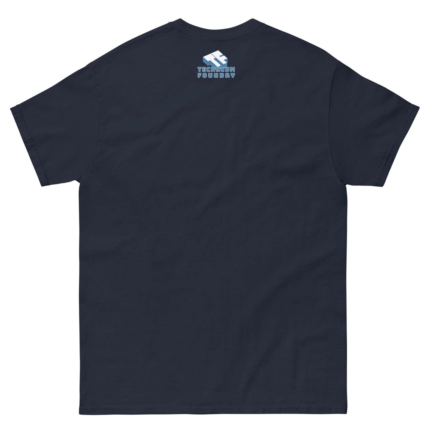 Back view of navy t-shirt with small 'Technical Foundry' logo on upper back.