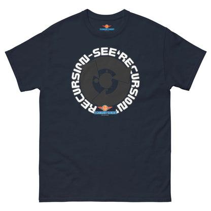 Recursion tee featuring circular design, part of Science & Tech Apparel Collection by Technium Foundry, ideal for programmers.