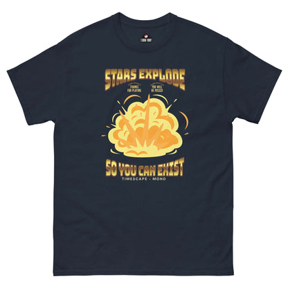 "Stars Explode So You Can Exist T-Shirt celebrating cosmic origins in yellow design for science geeks by Technium Foundry."