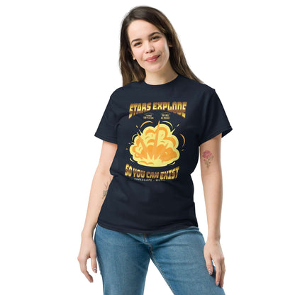 Woman wearing "Stars Explode So You Can Exist" T-shirt, cosmic design by Technium Foundry, perfect for science geeks and quantum apparel lovers.