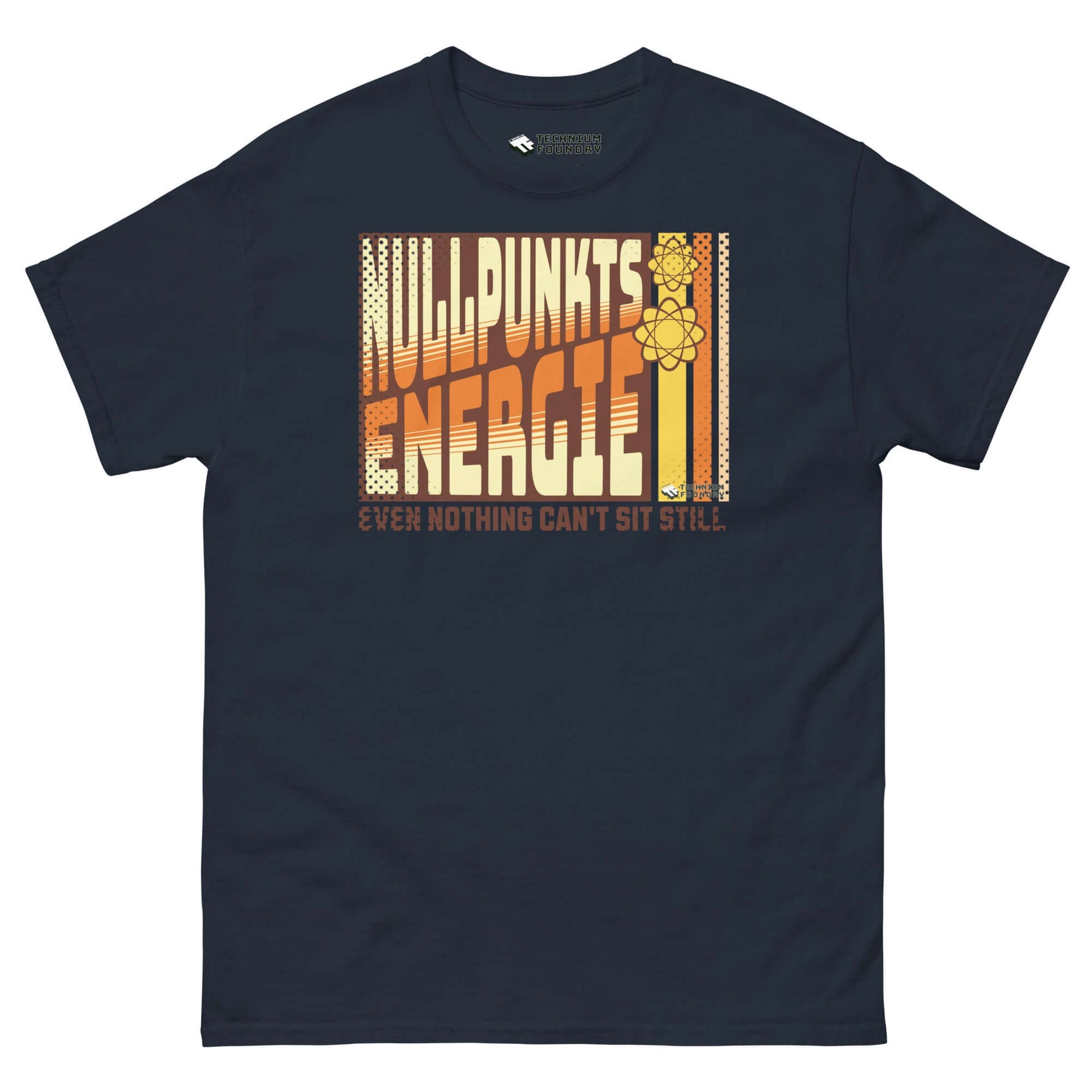 Retro-styled Nullpunktsenergie T-Shirt with 70s typography and atomic design, celebrating zero-point energy physics.