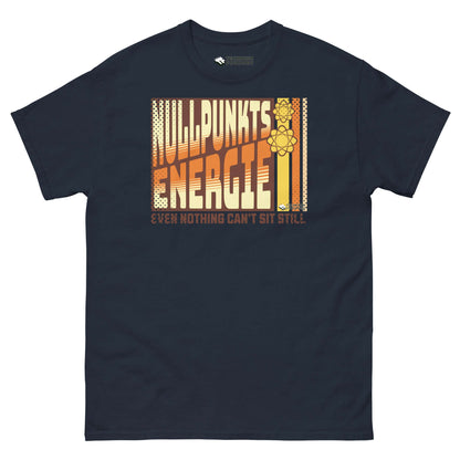 Retro-styled Nullpunktsenergie T-Shirt with 70s typography and atomic design, celebrating zero-point energy physics.