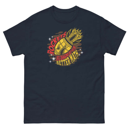 Rockets Better Name T-Shirt with vintage-style rocket graphic and space pun slogan, ideal for space enthusiasts and pun lovers.