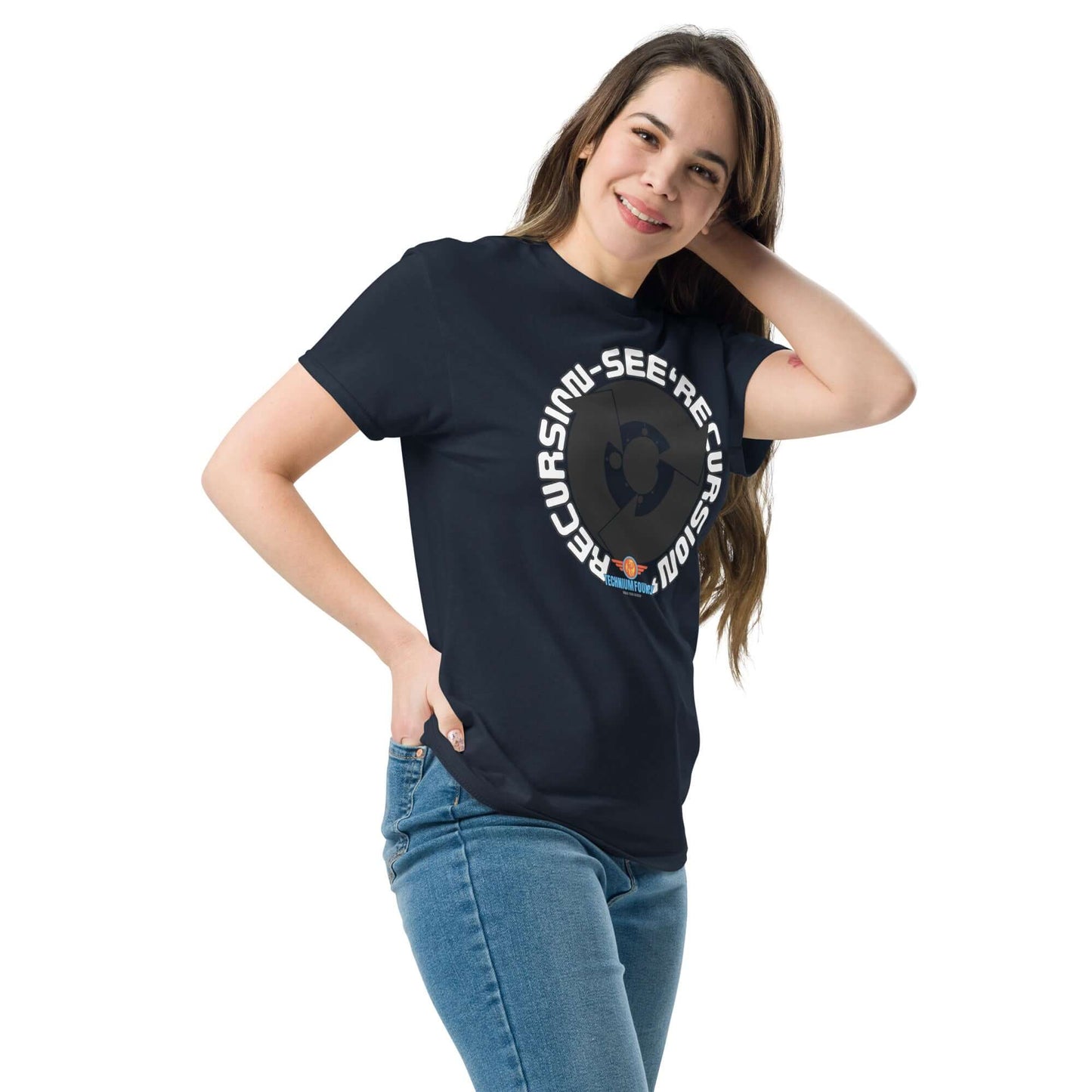 Woman wearing "Recursion: See 'Recursion'" tech-themed t-shirt from Technium Foundry's Science & Tech Apparel Collection.