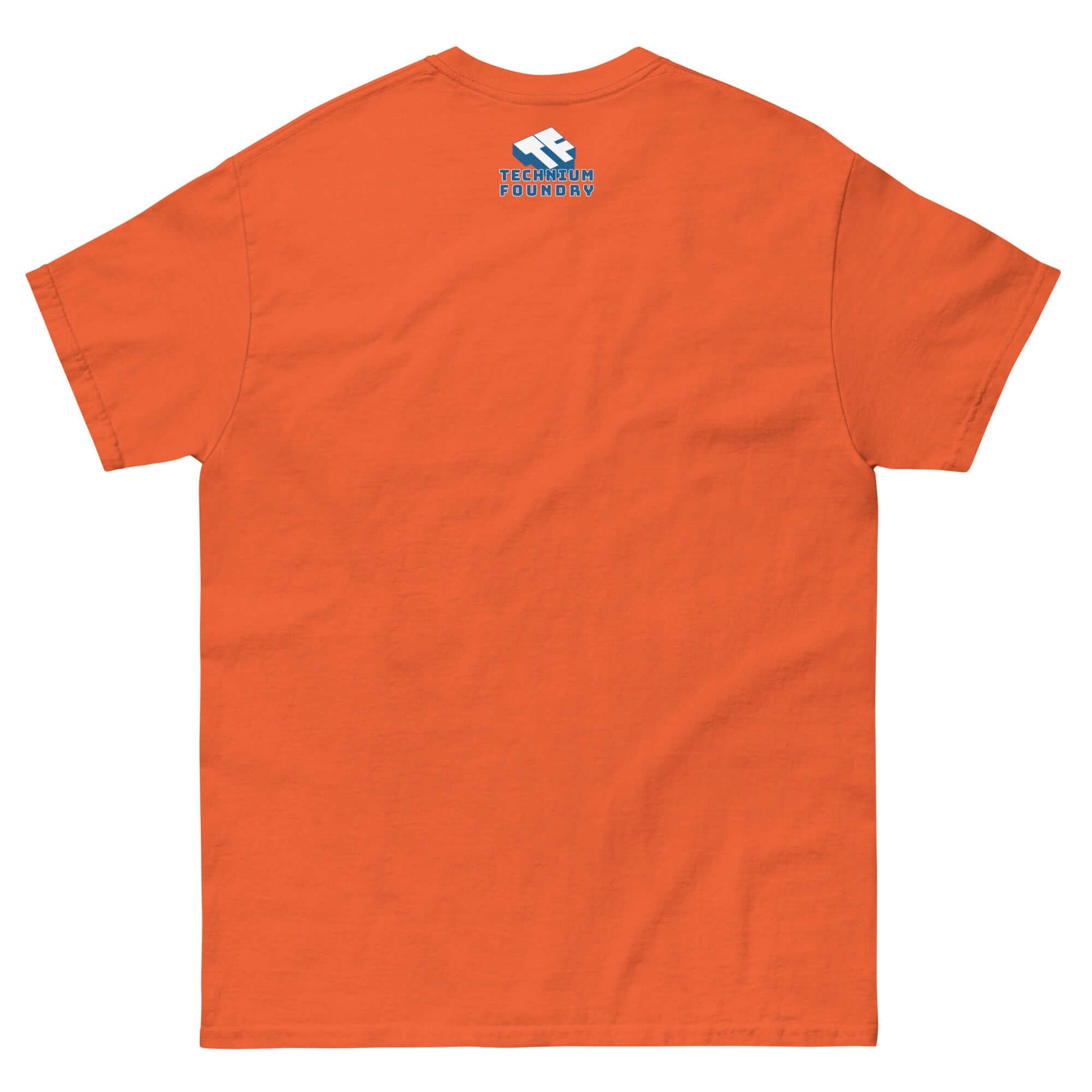 Orange Zwei Steine T-Shirt back view with Technosurf logo, featuring clever Einstein pun design. Perfect for bilingual humor lovers.