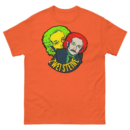 Orange t-shirt featuring a double Einstein graphic with a pun "Zwei Steine," celebrating German wordplay and scientific genius.