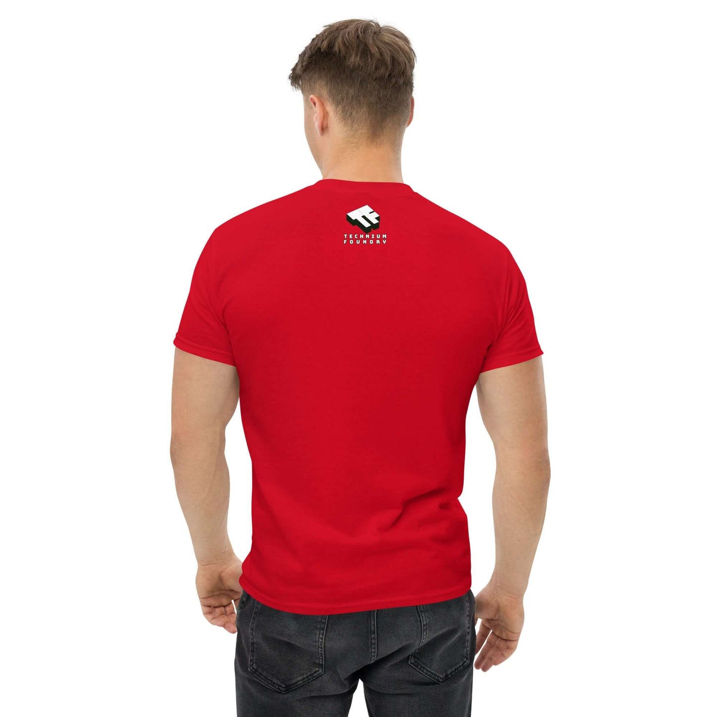 Man wearing red "Primordial Photons" astronaut science t-shirt, back view, showcasing design logo between shoulder blades.