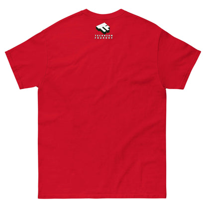 Red t-shirt back view with small logo near collar, plain design.