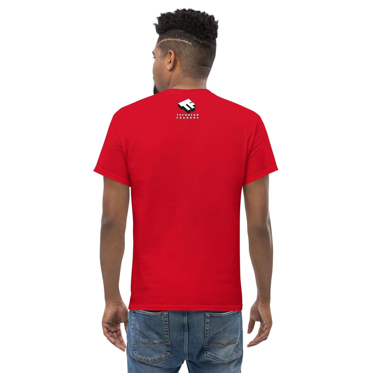 Back view of man wearing a red "Free California Surf T-Shirt" with beach design, highlighting the Bureaucracy Escape Vehicle theme.