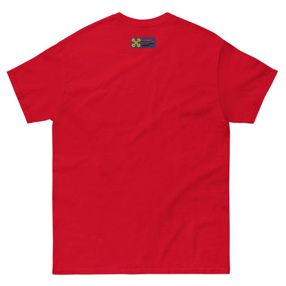 Back view of a red Ukrainian Victory T-Shirt featuring a small tag with the tryzub emblem, symbolizing national resilience and pride.