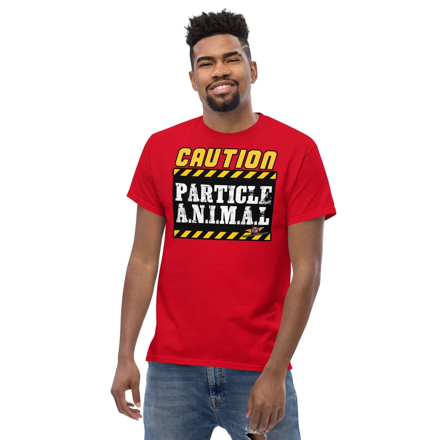 Particle Animal Caution Sign Physics T-Shirt | Science Humor Color: Red T-Shirt Size: S Apparel & Accessories Technium Foundry