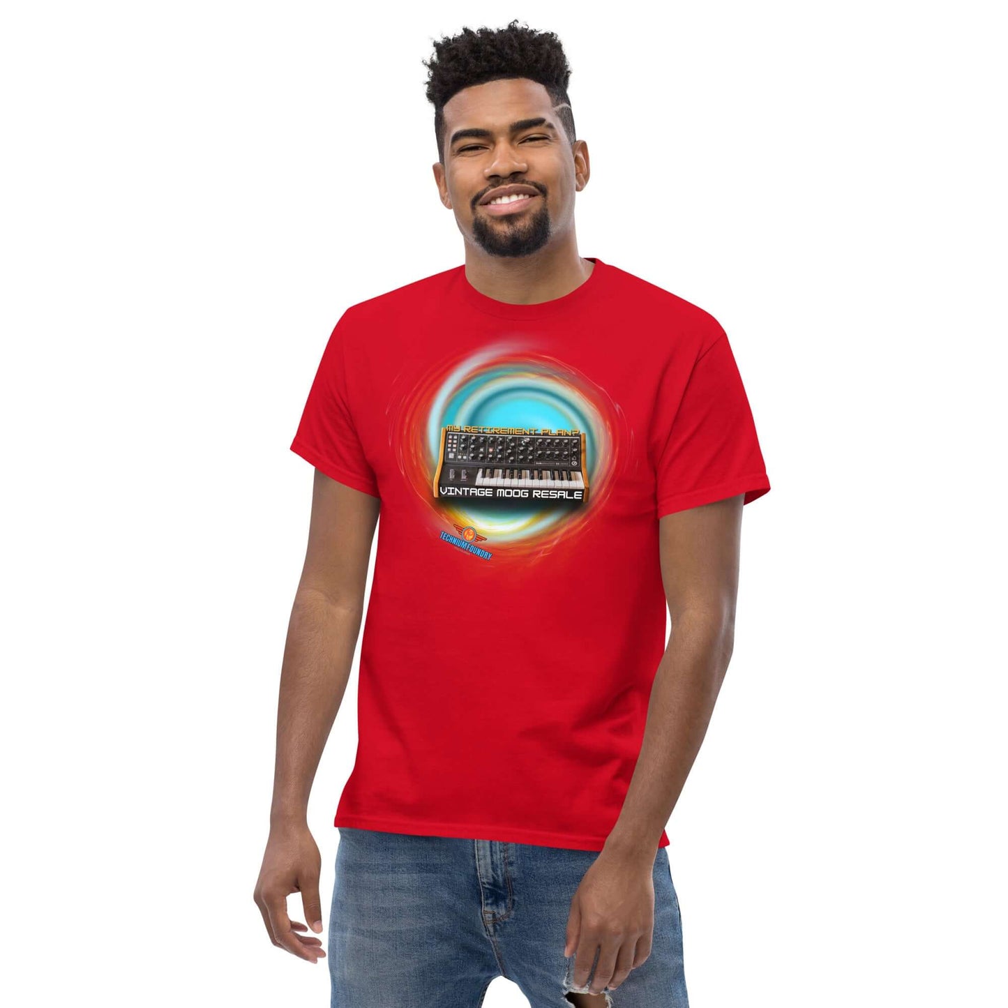 Red tee featuring a Moog synthesizer in a vortex, perfect for vintage music lovers seeking analog nostalgia.