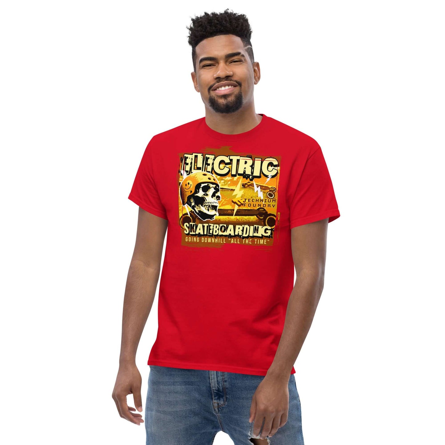 Man wearing red Electric Skateboarding T-Shirt with skeleton design; vintage warning poster style promoting spicy physics and safety.