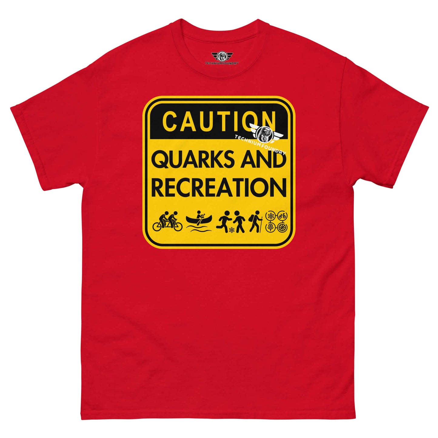 Quarks and Recreation | Physics Meets Parks & Rec | Particle Physics Warning Sign Humor Color: Red T-Shirt Size: S Apparel & Accessories Technium Foundry