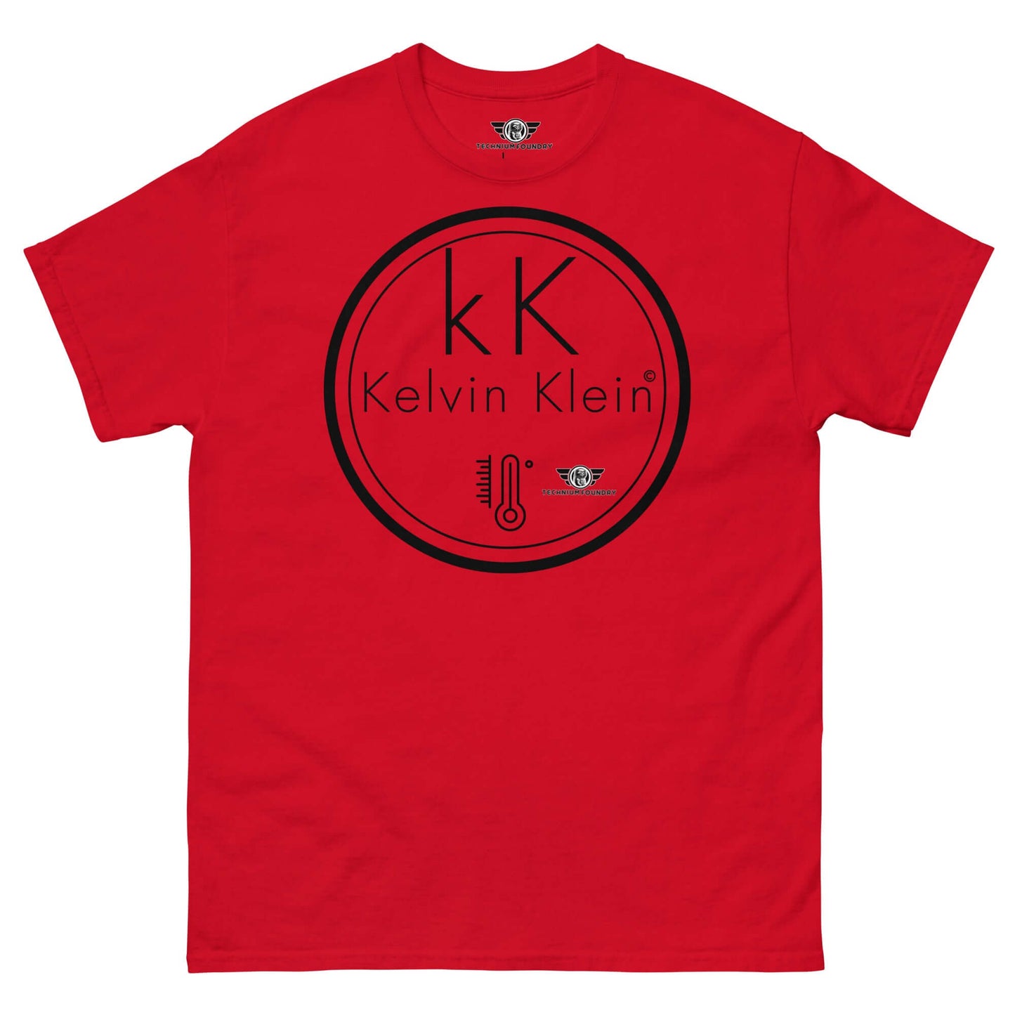 Kelvin Klein Temperature Scale Fashion Parody T-Shirt | Scientific Humor Apparel Color: Red T-Shirt Size: S Apparel & Accessories Technium Foundry