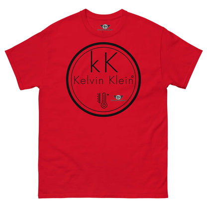 Kelvin Klein Temperature Scale Fashion Parody T-Shirt | Scientific Humor Apparel Color: Red T-Shirt Size: S Apparel & Accessories Technium Foundry