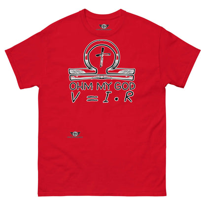 Ohm My God - Physics Meets Faith T-Shirt | Ohm's Law Religious Humor Color: Red T-Shirt Size: S Apparel & Accessories Technium Foundry