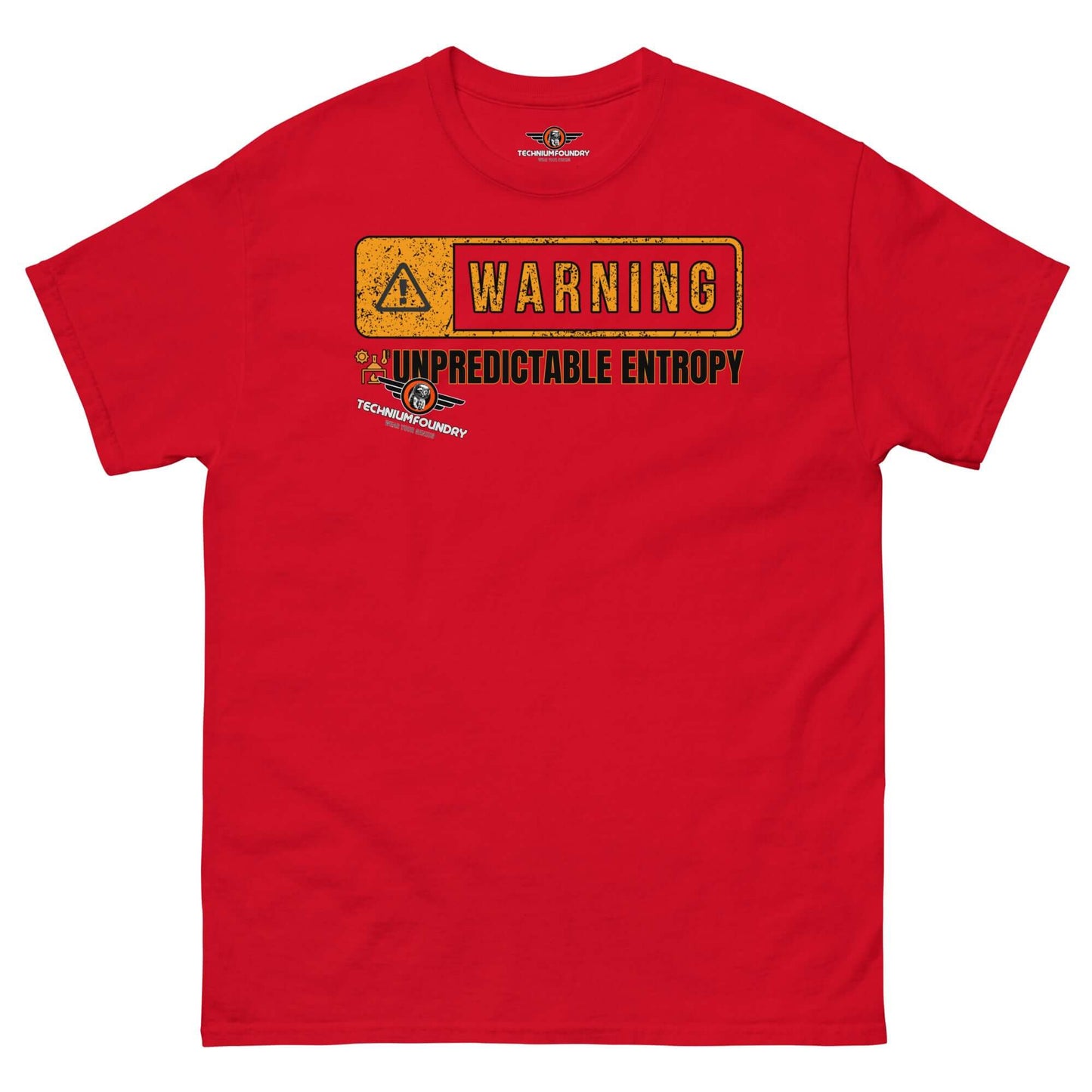 Warning: Unpredictable Entropy T-Shirt | Thermodynamics Hazard Sign Humor Color: Red T-Shirt Size: S Apparel & Accessories Technium Foundry