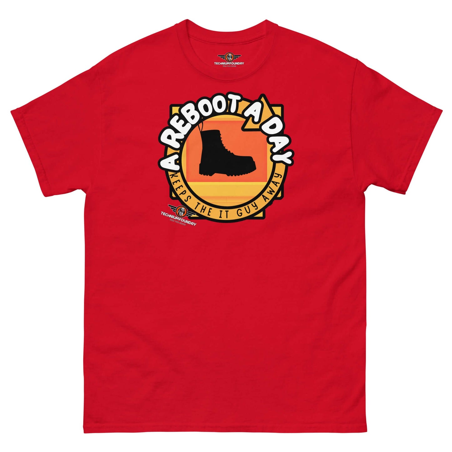 A Reboot A Day - IT Support Humor T-Shirt | Tech Help Desk Boot Design Color: Red T-Shirt Size: S Apparel & Accessories Technium Foundry