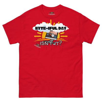 Byte-iful Day t-shirt featuring a whimsical computer pun with sun and cloud graphics on a red background.