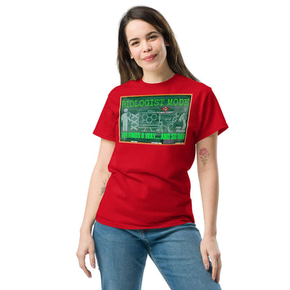 Red "Biologist Mode" t-shirt featuring DNA design and humorous science graphics, perfect for biology enthusiasts.