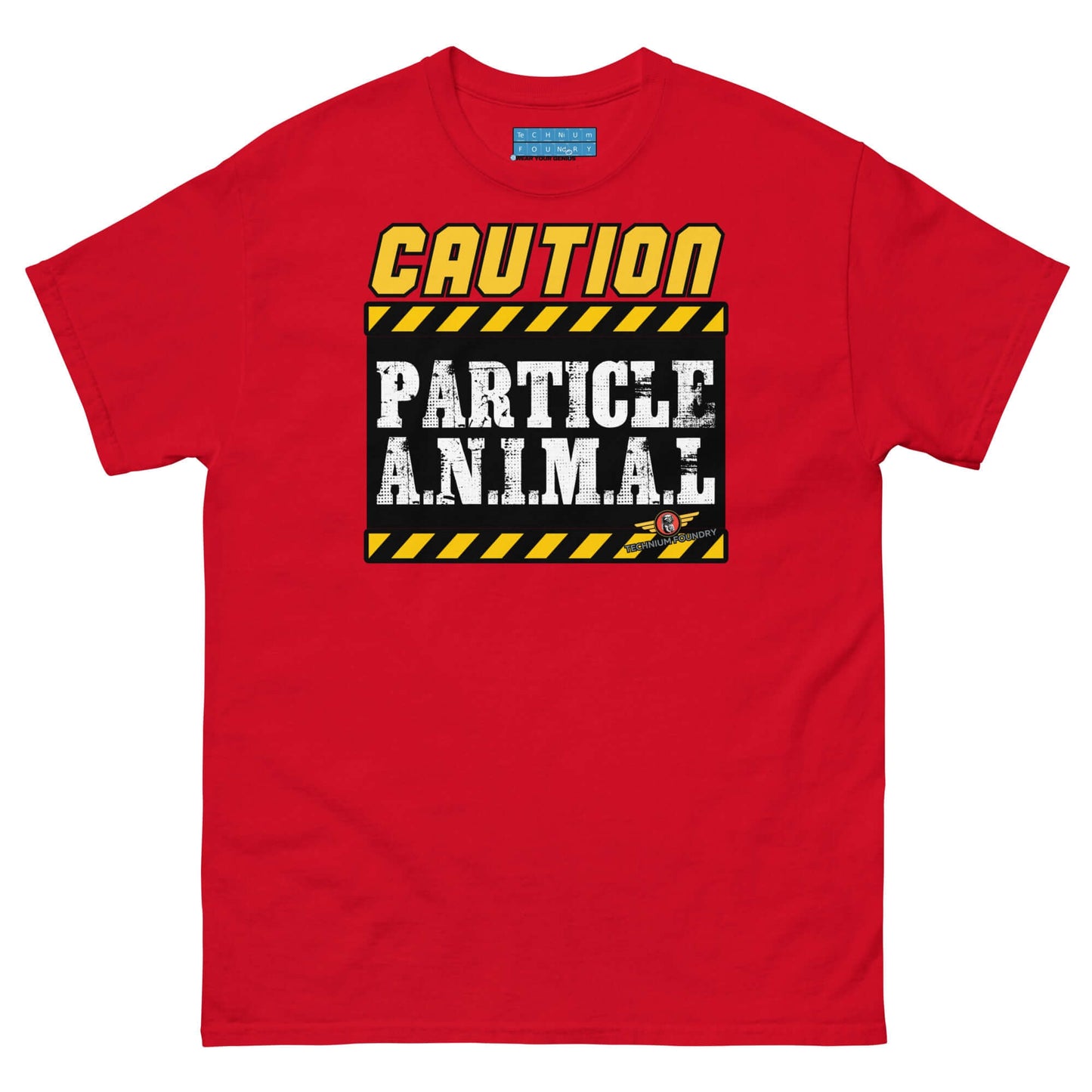 Particle Animal Caution Sign Physics T-Shirt | Science Humor Color: Red T-Shirt Size: S Apparel & Accessories Technium Foundry